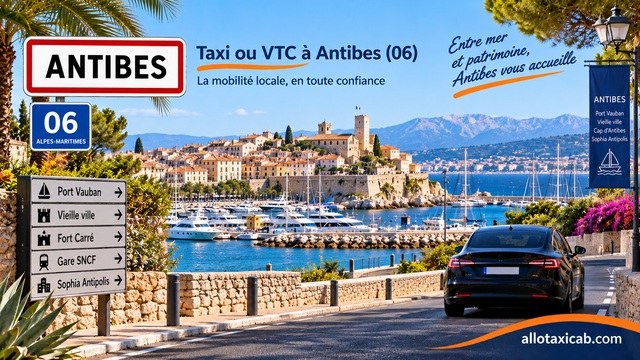 Port Vauban à Antibes avec vieille ville, remparts, Méditerranée, relief alpin et voiture noire générique dans les Alpes-Maritimes – ALLO ! TAXI'CAB